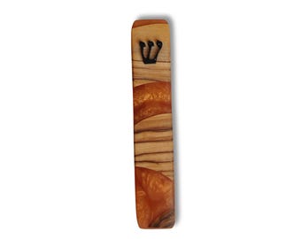 Mezuza, Handmade Israeli Olive Wood with Orange Epoxy Resin Mezuzah Case | Jewish Wedding Gift