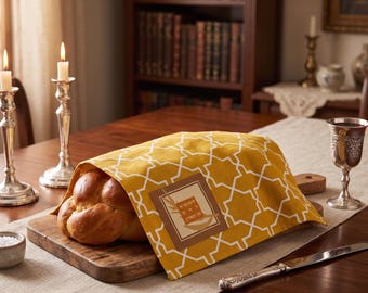 Modern Cotton Geometric Gold Star of David Pattern Challah Cover with Hamotzi Prayer, Suitable for Shabbat and Holidays, Challah Bread Cover