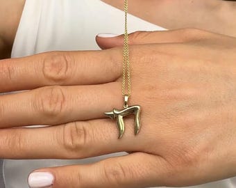 Classic Diagonal 14K Gold Chai Pendant, Chai Symbol Necklace, 14k Gold Chai Necklace, Jewish jewelry, Hebrew Necklace Bar Mitzvah Gift