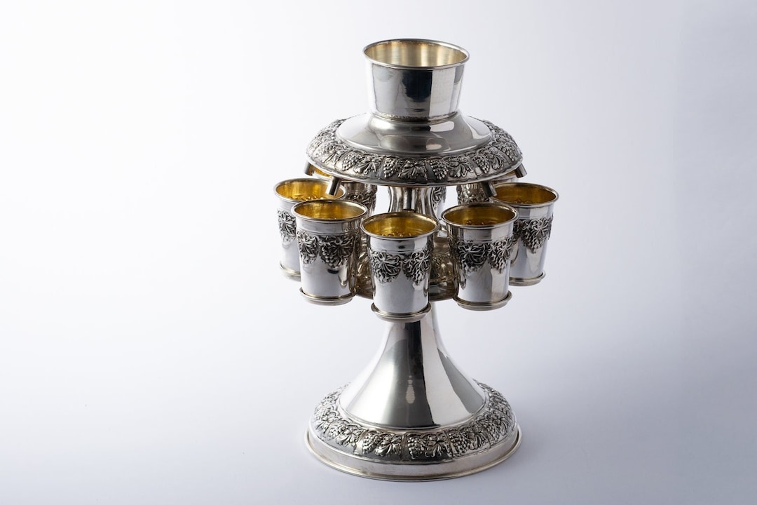 Silver Plated 8-Cup Fountain Grape Design - Judaica Kiddush Ritual Item & Home Decor - View #12