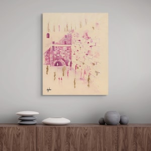 Original Pastel White and Purple Western Wall Painting - Modern Jewish Artwork