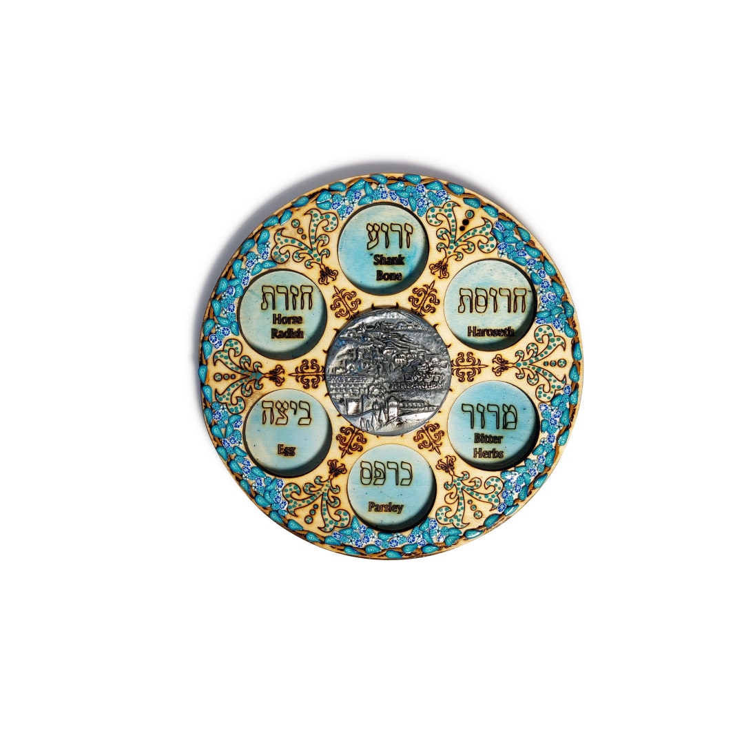 Blue and Turquoise Passover Seder Plate With & Flowers Made of Poplar ...