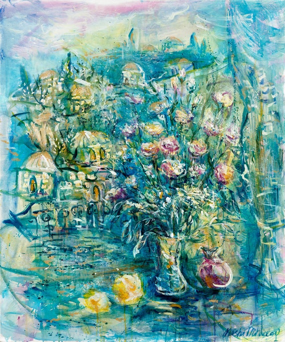 エルサレム旧市街の絵画 - エルサレムを向いた花瓶とザクロ、自然画