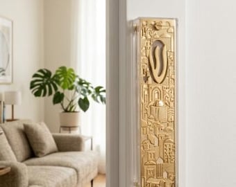 Medium Size Gold Jerusalem Mezuzah Case | Clear Acrylic & Metal Jewish Doorpost | Modern Judaica Housewarming Gift |
