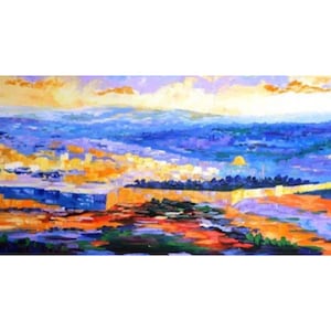 Modern Painting of Jerusalem Landscape in Bright Blue & Orange Colors
