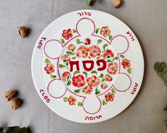 Circle Seder Plate Passover plate made of ceramic, hand-painted, Designed in flower handmade painting, a children's gift for Passover