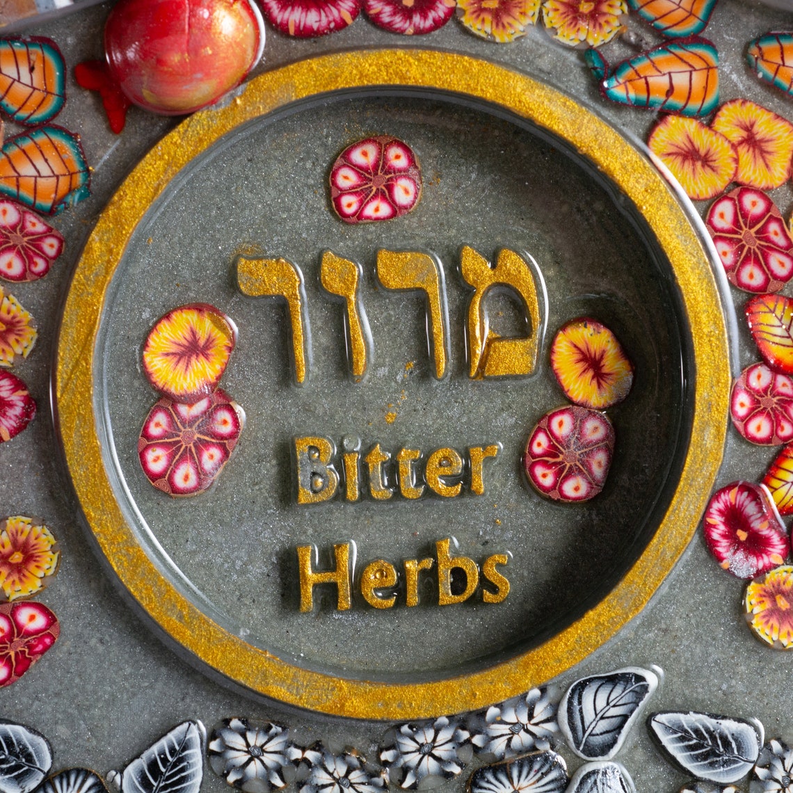 Colourful Passover Seder Plate Gold With Pomegranate & Flowers Made of ...