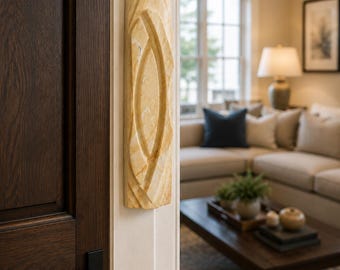 Jerusalem Stone Mezuzah with Designer Shin, Handmade Limestone Mezuzah Case, Luxury Israeli Judaica, Modern Jewish Home Decor