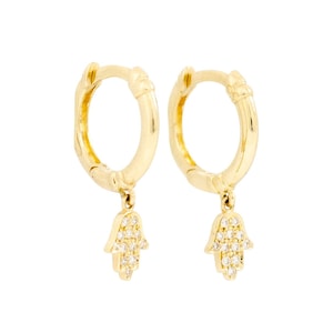 14k gold hamsa earrings elegant 14k gold and diamond huggie hoop earrings Pure gold earrings,  good luck, against the evil eye with Hamsa