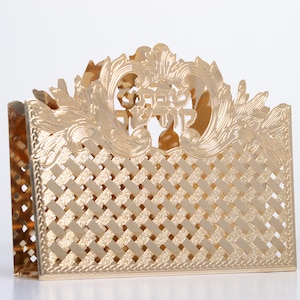 Goldener quadratischer Serviettenhalter mit filigranem Design & hebräischem Sabbatsegen, Serviettenhalter für Schabbat mit hebräischem Schriftzug, jüdisches Geschirr