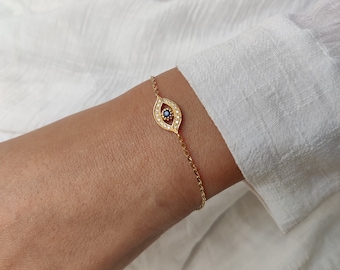 Pulseras de oro de 14 quilates con ojo malvado, ojo malvado con diamantes, pulsera de ojo malvado con zafiro, ojo malvado con piedra azul, pulseras de buena suerte
