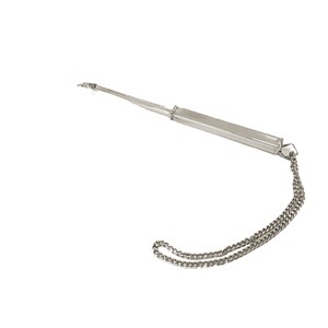 May include: A silver toothpick with a chain attached to the handle. The toothpick is extended and the chain is hanging down.