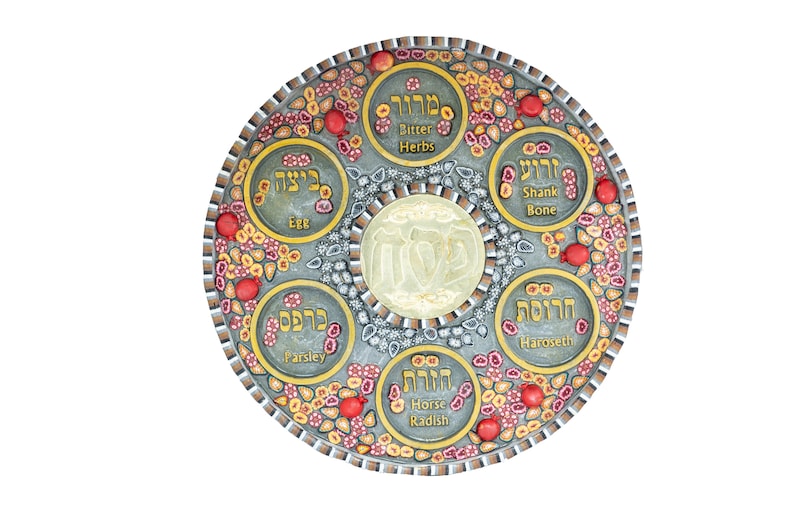 Colourful Passover Seder plate gold with pomegranate & flowers made of Polymer clay ,polyester and mazak.Very suitable for the Passover