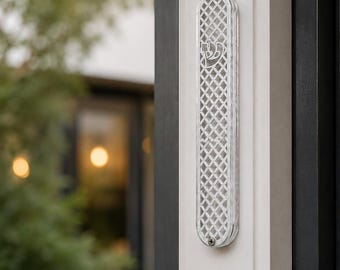 Modern Plexiglass Mezuzah Case Large Size. Silver Metal Diamond Grid Pattern. Luxury Jewish Wedding Gift. Criss-Cross Metal Design