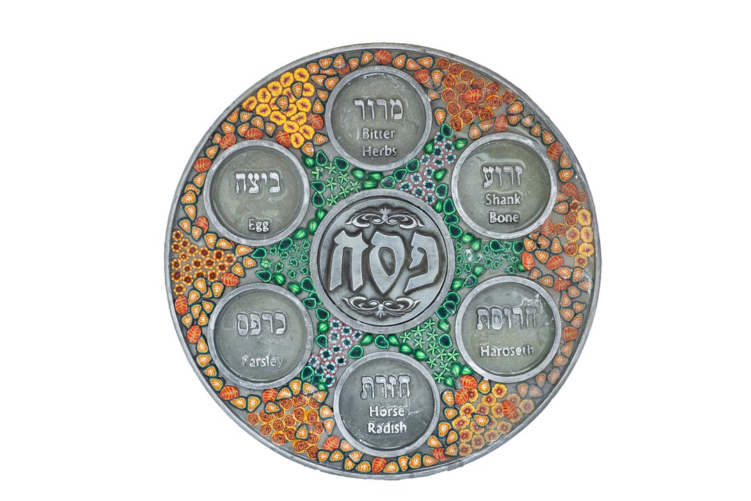 Modern Passover Seder Plate, Large Pesach Plate, Flowers Green & Orange