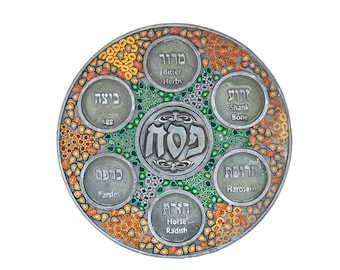 Modern Passover Seder plate, large Pesach Plate, Flowers green & orange design, Polymer clay bowl set, Serving Tray, Bowl Serving set,