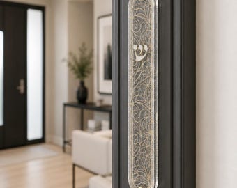 Modern Clear Mezuzah Case with Silver Shin Symbol/Designer Jewish Home Decor/Filigree design