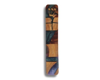 Modern Big Rectangular Shape Deep Navy Blue and Purple Mezuzah Case  for a 12 cm Scroll - Jewish gift from Israel, Wooden Mezuzah Case