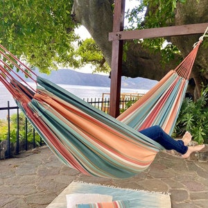 Outdoor hammock, Boho Hammock, Patio Porch Hammock, Backyard Hammock, Boho Furniture, Colorful Macrame Hammock, Cotton Canvas Hammock