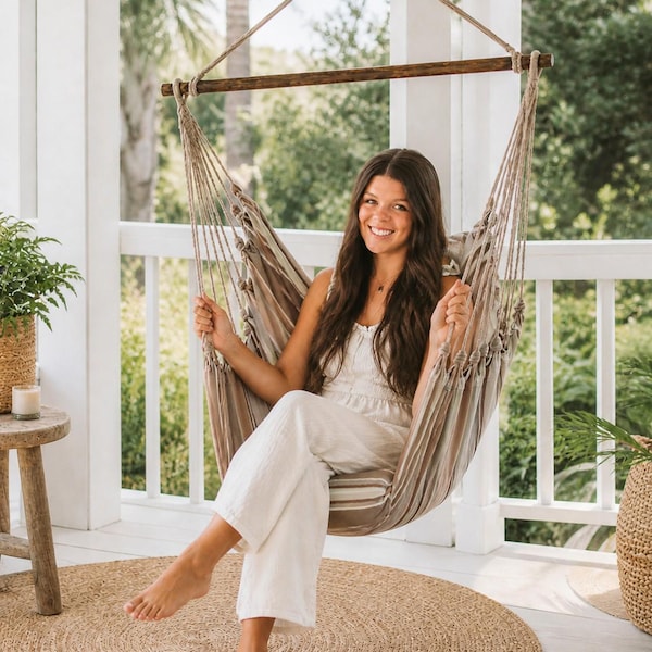 Handmade Cotton Hammock Chair Swing, Mocha Brown Stripes, 300 lbs Capacity