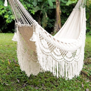 Luxury Hammock, Large Crochet Hammock, White Macrame Hammock with fringe, Boho Woven Hammock,  Bohemian Hammock, Boho living room furniture