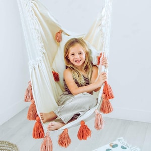 Hammock Chair With Pink Tassels, Hanging Chair, Indoor Swing Chair, Pink Chair Hammock, Reading Chair for Bedroom, Kids Girl Chair Bedroom