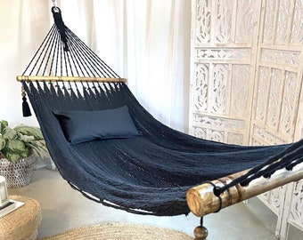 Hammock,Rope Hammock with spreader bar, Black Hammock, Macrame Large Hammock, Outdoor Garden Hammock, Woven Hammock For Porch