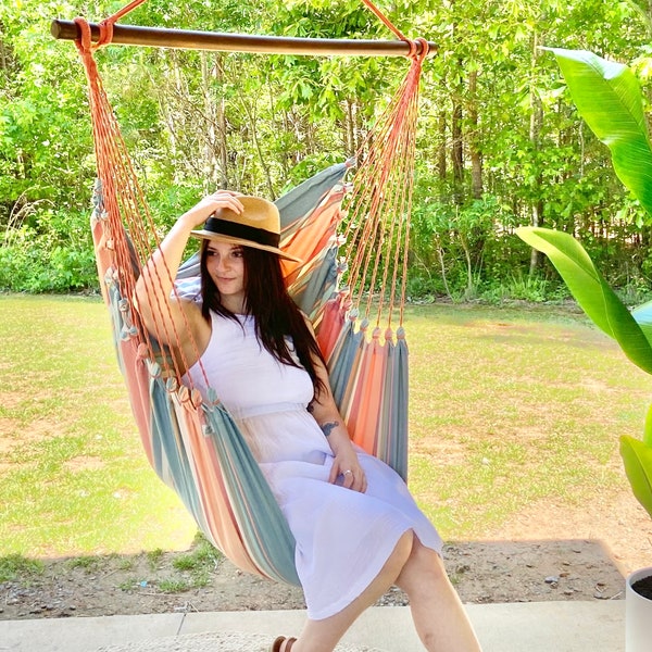 Hammock Chair, Pink Hanging Chair with pillow cushion, Porch Swing Patio, Indoor Swing Chair, Macrame Swinging Chair, Mother's Day gift