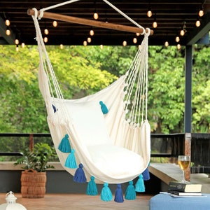 Hammock chair with fringe, Housewarming Gift, Macrame Hanging Chair, Porch Swing Chair, Hammock Swing with cushions, Outdoor Indoor Hammock