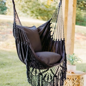 Black Hammock Chair, Boho Hanging Chair with crochet fringe, Indoor Macrame Swing Chair, Boho Black Egg Chair, Bohemian Hanging Chair