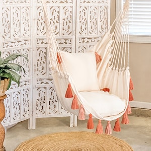 Hammock Chair, Pink Room Hanging Chair, Bedroom Swing, Macrame Swing Chair, Pink Boho Bedroom, Boho Hammock Swing, Indoor Swinging Hammock