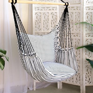 Hammock Chair Swing, Hanging Chair, Boho Macrame Swinging Chair, Black and White Furniture, Bohemian Chair, Indoor Black and White chair