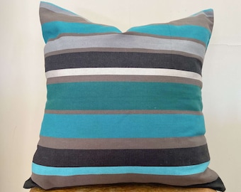 Blue throw pillow cover, Striped turquoise pillow, Blue Green striped pillow, Rainbow striped pillow, Coastal pillow, Colorful accent pillow