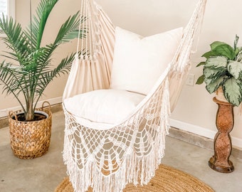 Hanging chair swing, Hammock chair with fringe, Boho crochet Hammock, Egg Chair for Bedroom, Macrame Swing Chair Indoor Swinging Hammock