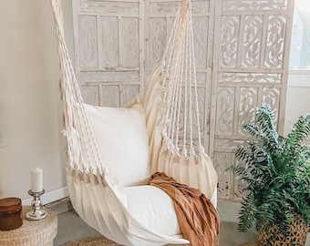 Indoor swing chair, Hammock Chair with cushions, Swinging Hanging Chair with pillow, Bedroom macrame hammock, Kids Teen Swing, Egg Chair