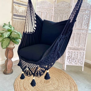 Hammock Chair Swing, Black Accent Chair, Black Hanging Chair, Macrame Hanging chair, Indoor Macrame Swing, Boho Chair Bedroom, Egg Chair