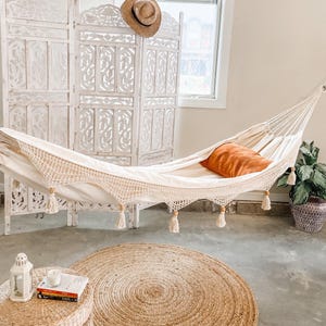 Crochet Hammock, Macrame Hammock Swing, Boho Hammock with Crochet Fringe, Cotton Bohemian Hammock, White Hammock Boho Furniture Accent Chair