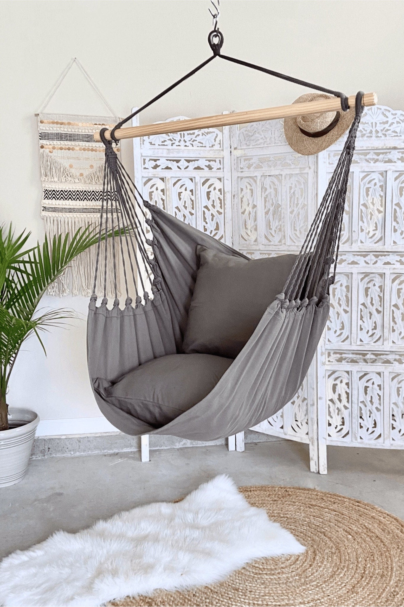 Indoor Hammock Chair Hanging Chair Indoor Swing Chair Boho Bedroom Swing Macrame Chair Swing Gray Boho Hammock Adult Hammock Swing Etsy