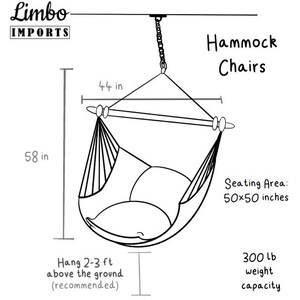 May include: A black and white line drawing of a hammock chair with dimensions labeled in inches. The chair is suspended from the ceiling and has a seating area of 50x50 inches. The text "Hammock Chairs" is written above the chair. The text "Hang 2-3 ft above the ground (recommended)" is written below the chair. The text "300 lb weight capacity" is written on the right side of the image.