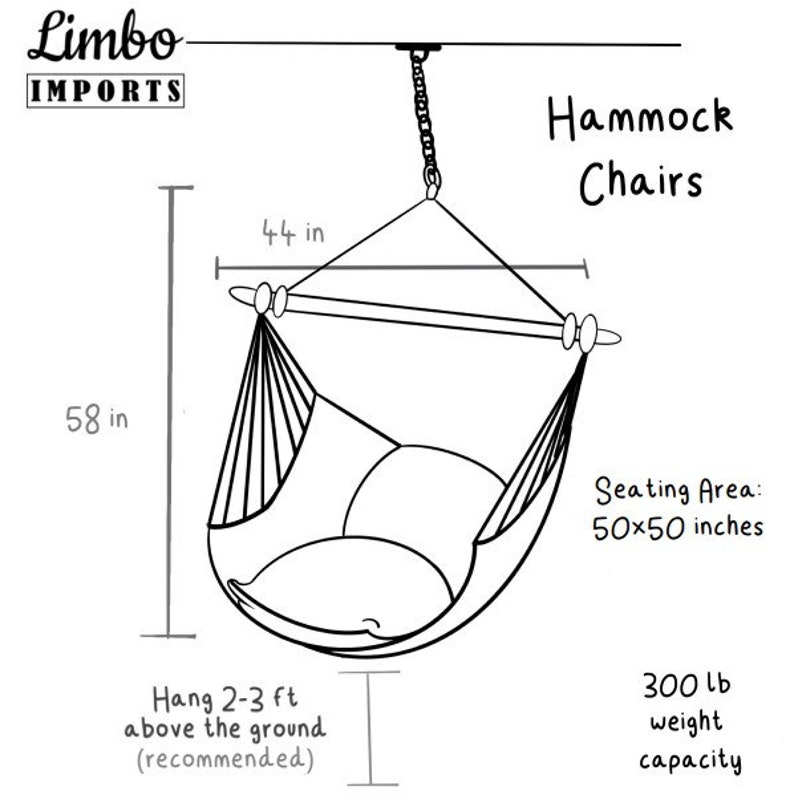 May include: A black and white line drawing of a hammock chair with dimensions labeled in inches. The chair is suspended from the ceiling and has a seating area of 50x50 inches. The text "Hammock Chairs" is written above the chair. The text "Hang 2-3 ft above the ground (recommended)" is written below the chair. The text "300 lb weight capacity" is written on the right side of the image.