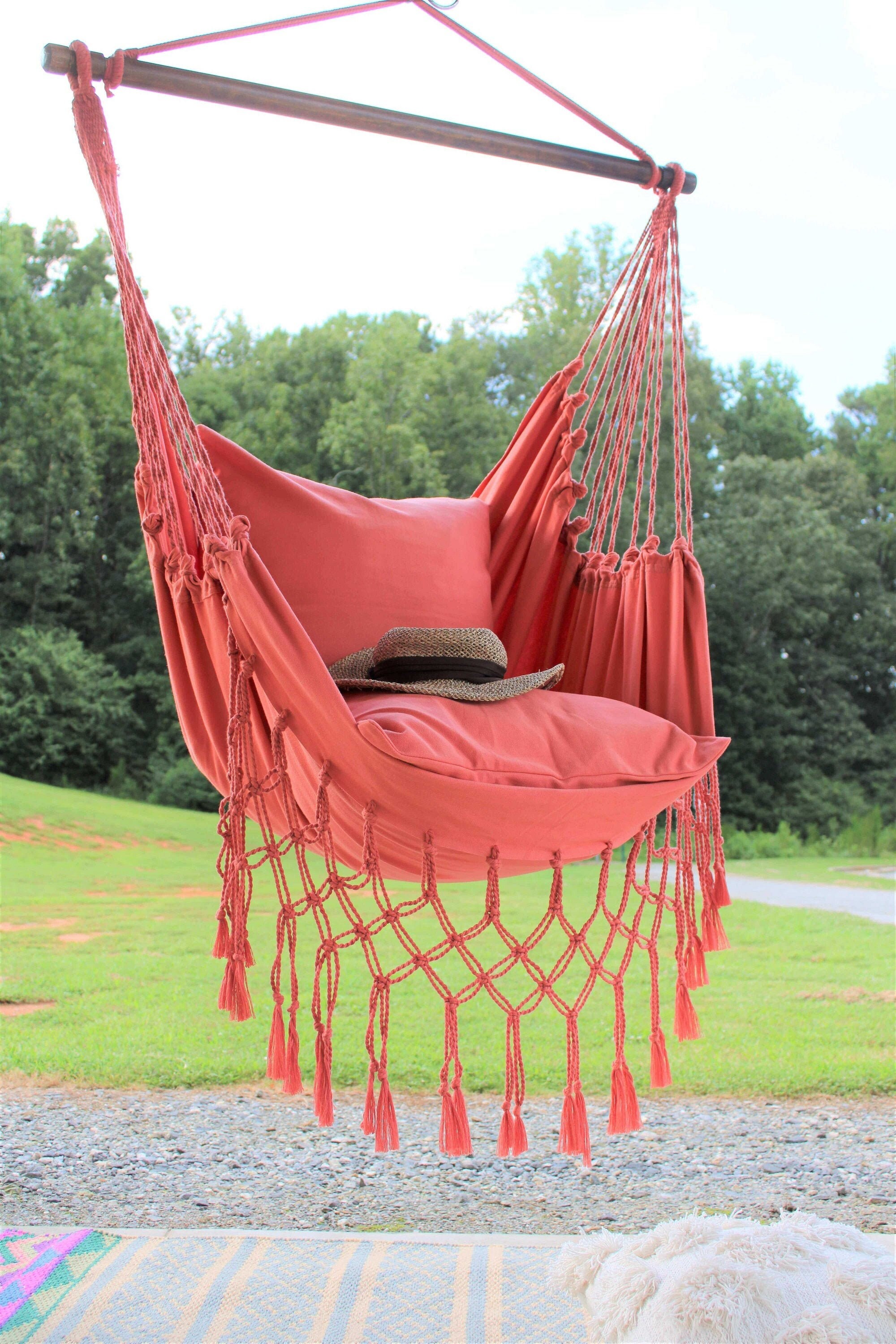 Brown, Gold and Pink Saddle Swing Handmade Crochet Outdoor Hammock Seat For  Sale at 1stDibs