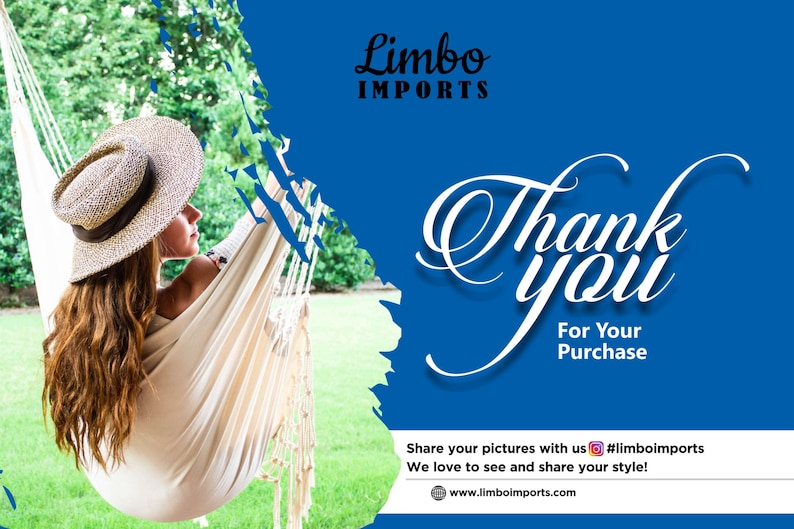 K&ouml;nnte beinhalten: Eine Frau entspannt sich in einer wei&szlig;en H&auml;ngematte vor einem blauen Hintergrund mit dem Text "Vielen Dank f&uuml;r Ihren Kauf" und dem Firmennamen "Limbo Imports". Der Text enth&auml;lt auch den Hashtag #limboimports und die Website www.limboimports.com.