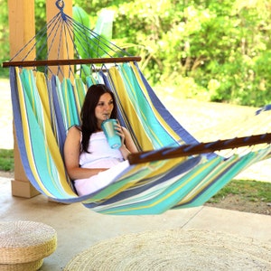 Hammock with spreader bars, Large Hammock,  Hammock Outdoor Indoor, Adult Backyard Hammock, Blue Green Hammock Cotton Fabric striped hammock
