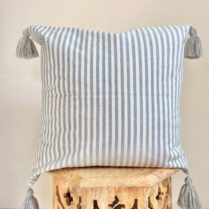 Beach coastal pillow, White blue striped pillow, Denim blue jeans pillow, Pillow with tassels, Boho Coastal pillow, Bohemian beach cushion