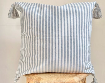 Beach coastal pillow, White blue striped pillow, Denim blue jeans pillow, Pillow with tassels, Boho Coastal pillow, Bohemian beach cushion