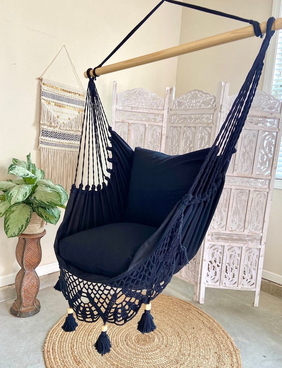 Silla hamaca negra, silla colgante, silla columpio interior, silla colgante  Macrame, silla columpio Macrame, silla Boho, silla colgante en el  dormitorio -  …