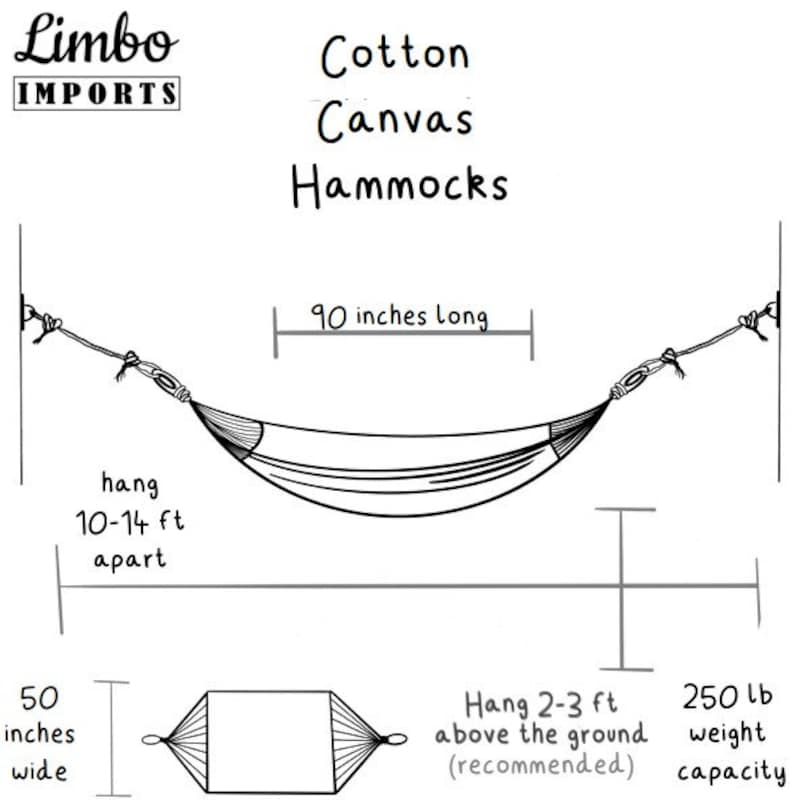 Puede incluir: Una ilustraci&oacute;n en blanco y negro de una hamaca de lona de algod&oacute;n con dimensiones e instrucciones de suspensi&oacute;n. La hamaca mide 90 pulgadas de largo y 50 pulgadas de ancho. La hamaca puede soportar hasta 250 libras y debe colgarse a 10-14 pies de distancia, a 2-3 pies del suelo.