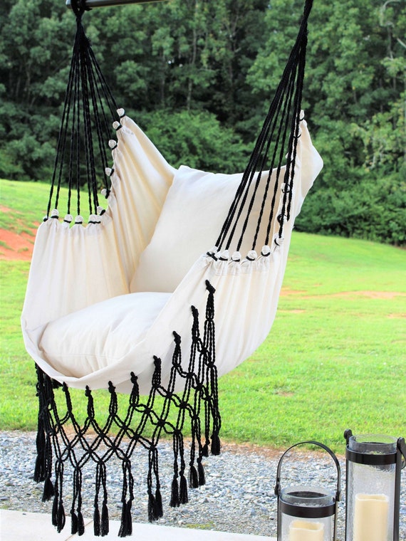 Black And White Macrame Hammock Chair Boho Hammock Swing Etsy