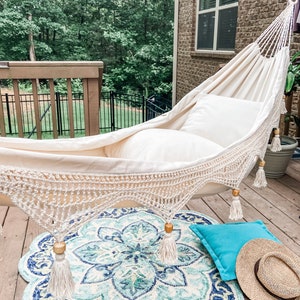 Macrame Hammock, Boho Hammock with Crochet Fringe, Cotton Bohemian Hammock, Handmade White Hammock, Indoor Boho Furniture Accent Chair Swing