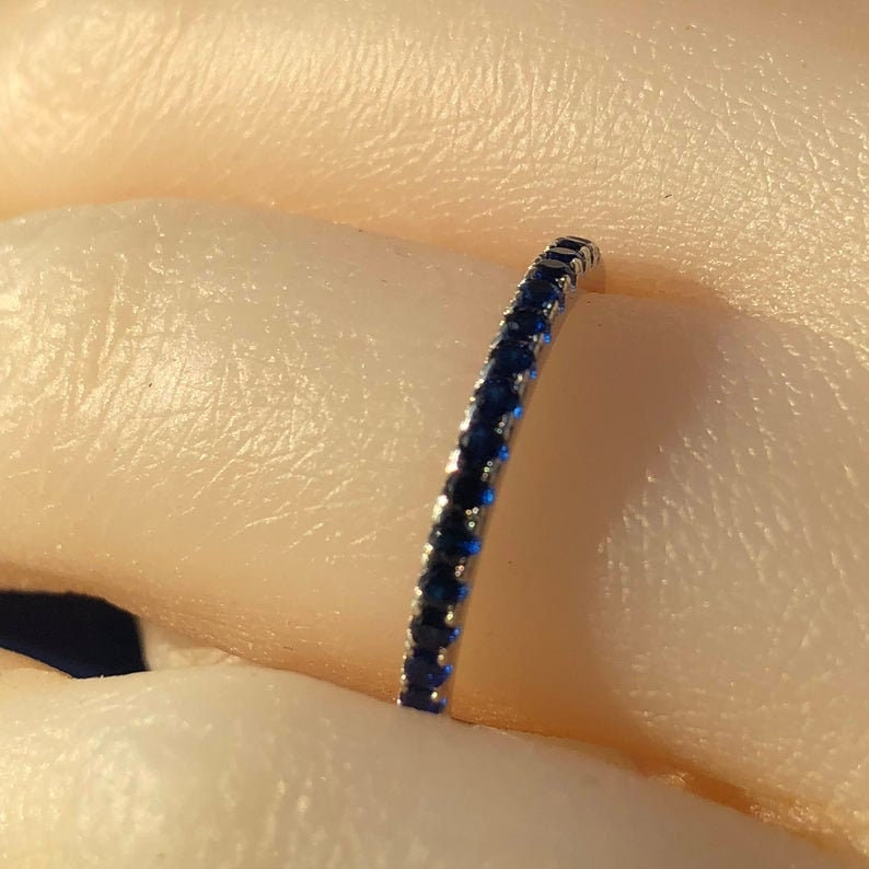 Matching Wedder half eternity band ring anniversary matching ring Wedding Ring Blue Sapphire: Matching band simulated Blue Sapphire